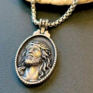 Silver Tone Steel Chain with Jesus Face Oval Pendant (Sacred Heart Back)